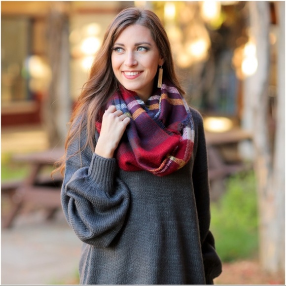 LAST ONE! Burgundy Plaid Infinity Scarf - Picture 2 of 2
